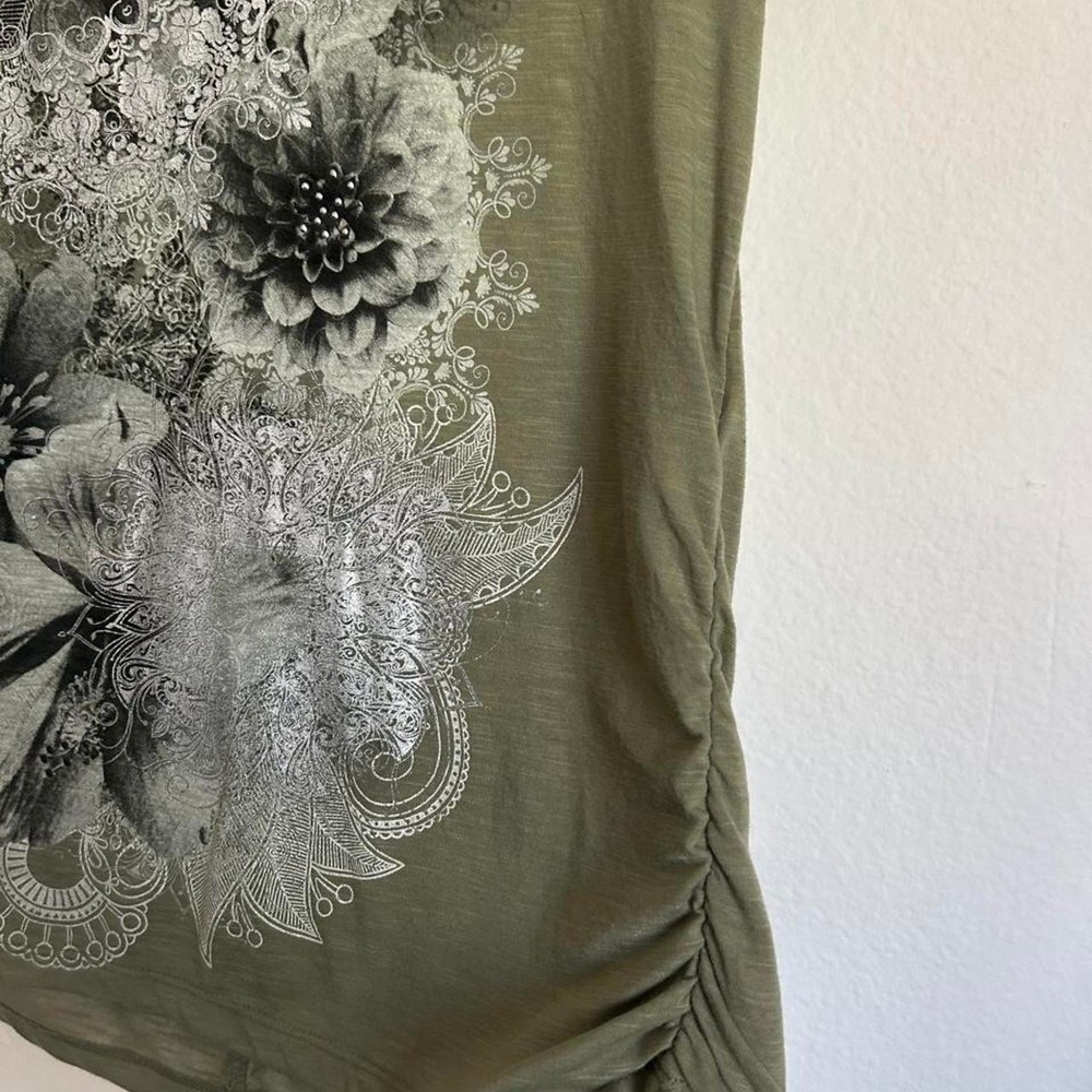 Y2K whimsigoth grunge t-shirt rhinestone olive green keyhole back - Picture 2 of 4
